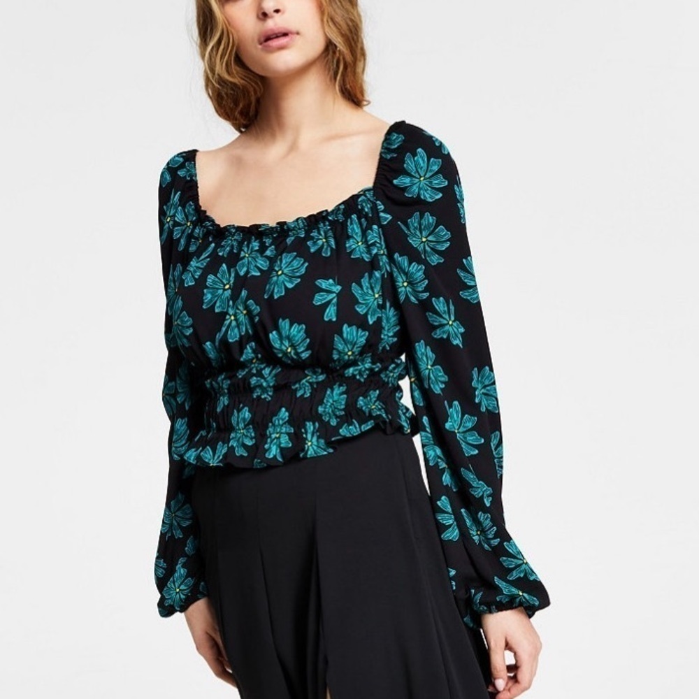 NWT Bar III Floral Smocked Long Sleeve Crop Top Black/Teal